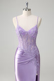 Lilac Corset Spaghetti Straps Mermaid Prom Dress with Appliques and Slit