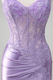 Lilac Corset Spaghetti Straps Mermaid Prom Dress with Appliques and Slit