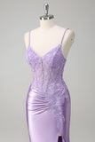 Lilac Corset Spaghetti Straps Mermaid Prom Dress with Appliques and Slit