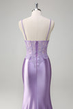 Lilac Corset Spaghetti Straps Mermaid Prom Dress with Appliques and Slit