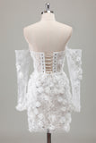 Ivory Beaded Corset 3D Applique Mini Wedding Dress with Detachable Sleeves