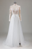 Ivory V Neck Beaded Applique Long Wedding Dress with Illusion Sleeves