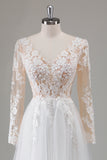 Ivory V Neck Beaded Applique Long Wedding Dress with Illusion Sleeves