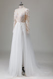 Ivory V Neck Beaded Applique Long Wedding Dress with Illusion Sleeves