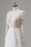 Ivory V Neck Beaded Applique Long Wedding Dress with Illusion Sleeves