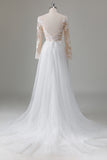 Ivory V Neck Beaded Applique Long Wedding Dress with Illusion Sleeves