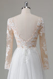 Ivory V Neck Beaded Applique Long Wedding Dress with Illusion Sleeves