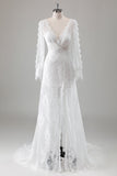 Lace Ivory V Neck Backless Long Sleeve Wedding Dress with Front Slit