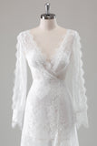 Lace Ivory V Neck Backless Long Sleeve Wedding Dress with Front Slit