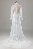 Lace Ivory V Neck Backless Long Sleeve Wedding Dress with Front Slit