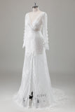 Lace Ivory V Neck Backless Long Sleeve Wedding Dress with Front Slit