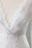 Lace Ivory V Neck Backless Long Sleeve Wedding Dress with Front Slit