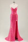 Sparkly Fuchsia Strapless Mermaid Corset Prom Dress with Slit