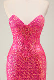 Sparkly Fuchsia Strapless Mermaid Corset Prom Dress with Slit