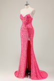 Sparkly Fuchsia Strapless Mermaid Corset Prom Dress with Slit