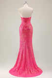 Sparkly Fuchsia Strapless Mermaid Corset Prom Dress with Slit