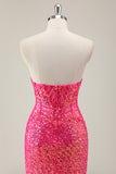 Sparkly Fuchsia Strapless Mermaid Corset Prom Dress with Slit