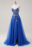 Elegant Royal Blue A Line Tulle Slit Prom Dress with Appliques