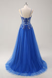 Elegant Royal Blue A Line Tulle Slit Prom Dress with Appliques