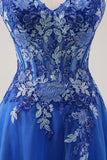 Elegant Royal Blue A Line Tulle Slit Prom Dress with Appliques