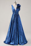 Metallic Royal Blue A Line Pleated V Neck Flower Prom Dress