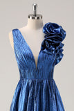 Metallic Royal Blue A Line Pleated V Neck Flower Prom Dress