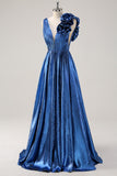 Metallic Royal Blue A Line Pleated V Neck Flower Prom Dress