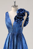 Metallic Royal Blue A Line Pleated V Neck Flower Prom Dress