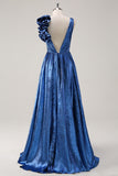 Metallic Royal Blue A Line Pleated V Neck Flower Prom Dress