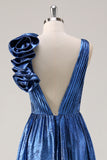 Metallic Royal Blue A Line Pleated V Neck Flower Prom Dress