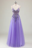 Purple Sequined Beaded Tulle A Line Prom Dress