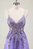 Purple Sequined Beaded Tulle A Line Prom Dress