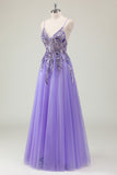 Purple Sequined Beaded Tulle A Line Prom Dress