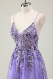 Purple Sequined Beaded Tulle A Line Prom Dress