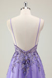 Purple Sequined Beaded Tulle A Line Prom Dress