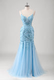 Blue Sequined Lace-up Back Mermaid Tulle Prom Dress with Slit