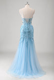 Blue Sequined Lace-up Back Mermaid Tulle Prom Dress with Slit