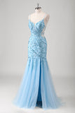 Blue Sequined Lace-up Back Mermaid Tulle Prom Dress with Slit