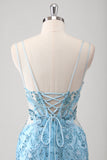 Blue Sequined Lace-up Back Mermaid Tulle Prom Dress with Slit