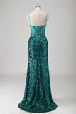 Sparkly Peacock Green Spaghetti Straps Mermaid Prom Dress with Slit