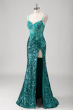 Sparkly Peacock Green Spaghetti Straps Mermaid Prom Dress with Slit