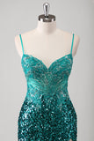 Sparkly Peacock Green Spaghetti Straps Mermaid Prom Dress with Slit