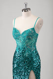 Sparkly Peacock Green Spaghetti Straps Mermaid Prom Dress with Slit