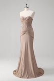 Glitter Khaki Ruched Corset Strapless Mermaid Floor Length Prom Dress