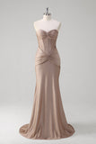 Glitter Khaki Ruched Corset Strapless Mermaid Floor Length Prom Dress