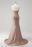 Glitter Khaki Ruched Corset Strapless Mermaid Floor Length Prom Dress