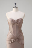 Glitter Khaki Ruched Corset Strapless Mermaid Floor Length Prom Dress