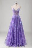 Sparkly Purple A Line Pleated Spaghetti Straps Prom Dress