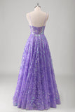 Sparkly Purple A Line Pleated Spaghetti Straps Prom Dress