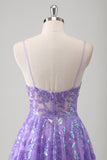 Sparkly Purple A Line Pleated Spaghetti Straps Prom Dress